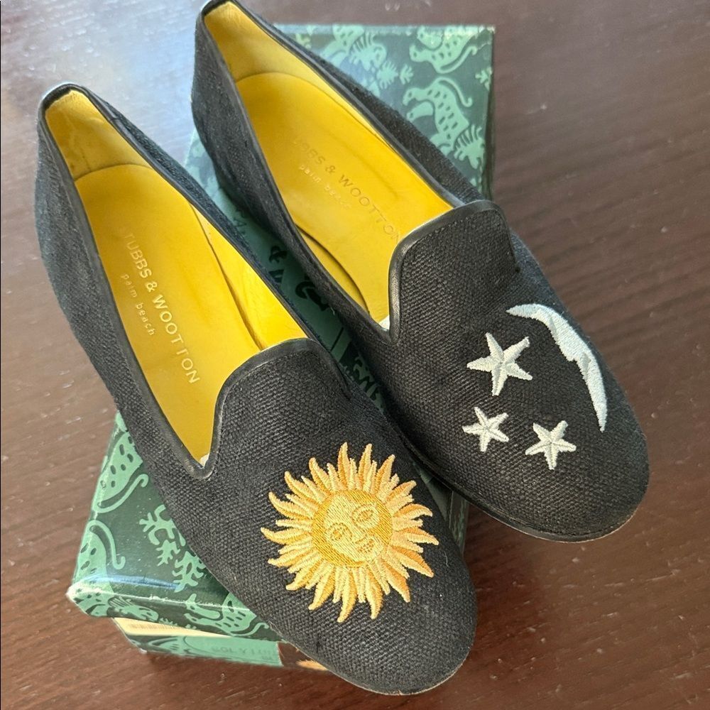 Stubbs & Wootton Black Loafers with Sun and Moon Embroidery